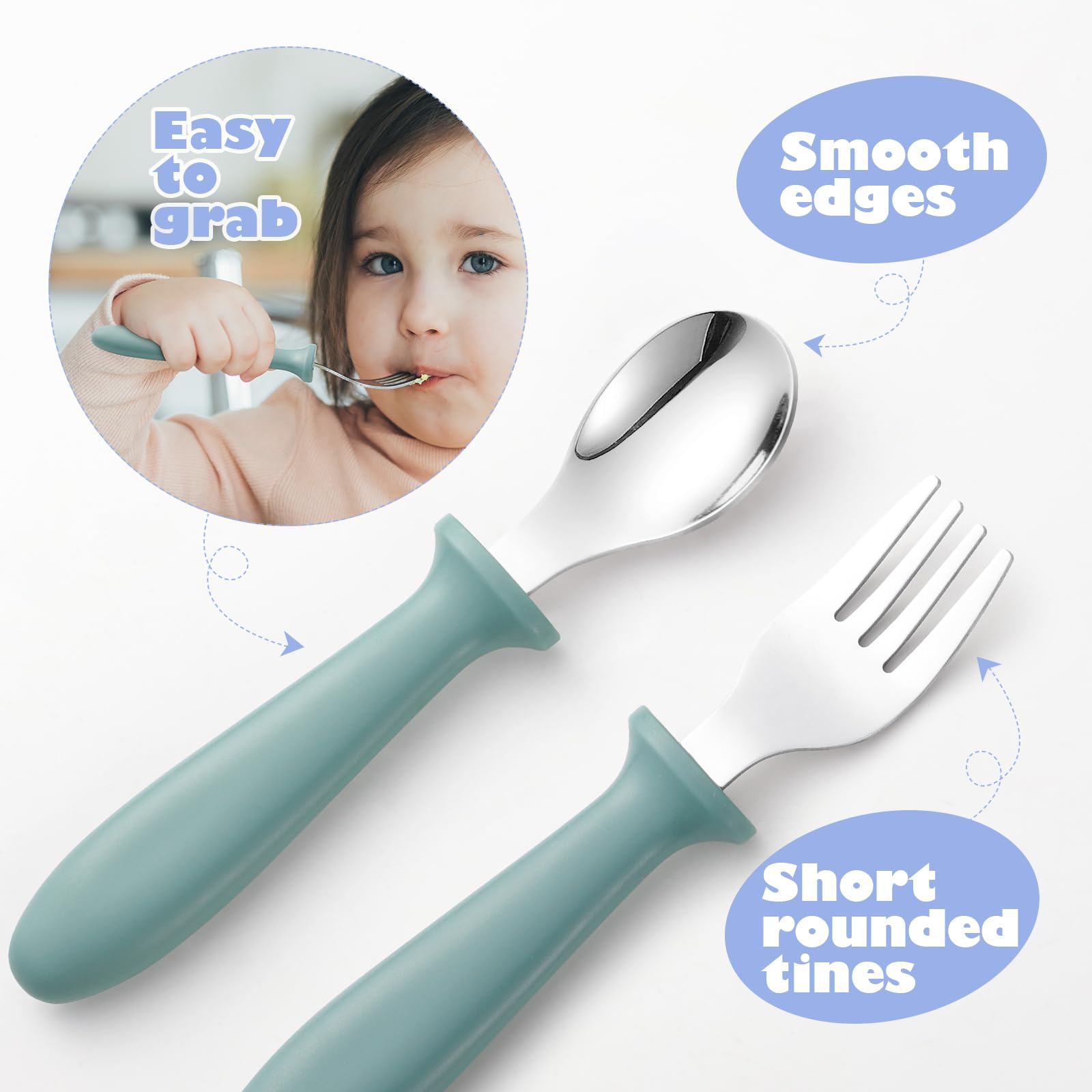 Pimoys ergonomic-handle closeup highlights kid-friendly grip and safe rounded tines.