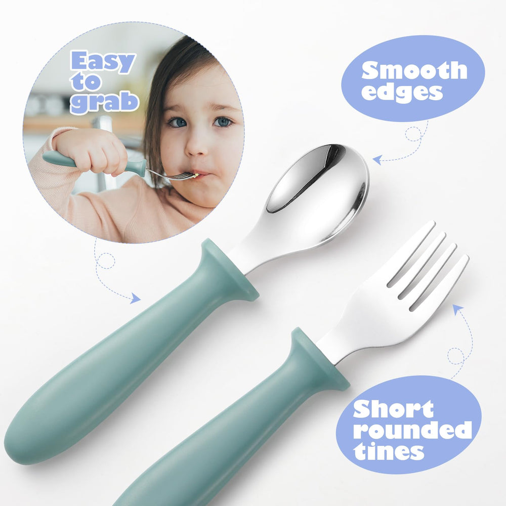 Pimoys ergonomic-handle closeup highlights kid-friendly grip and safe rounded tines.