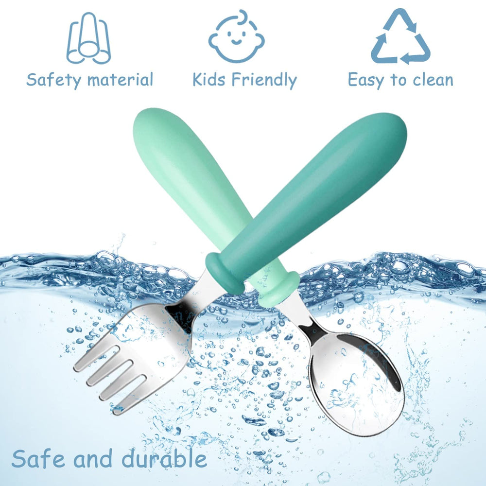 Pimoys mint-green toddler utensils offer ergonomic grips for small hands.