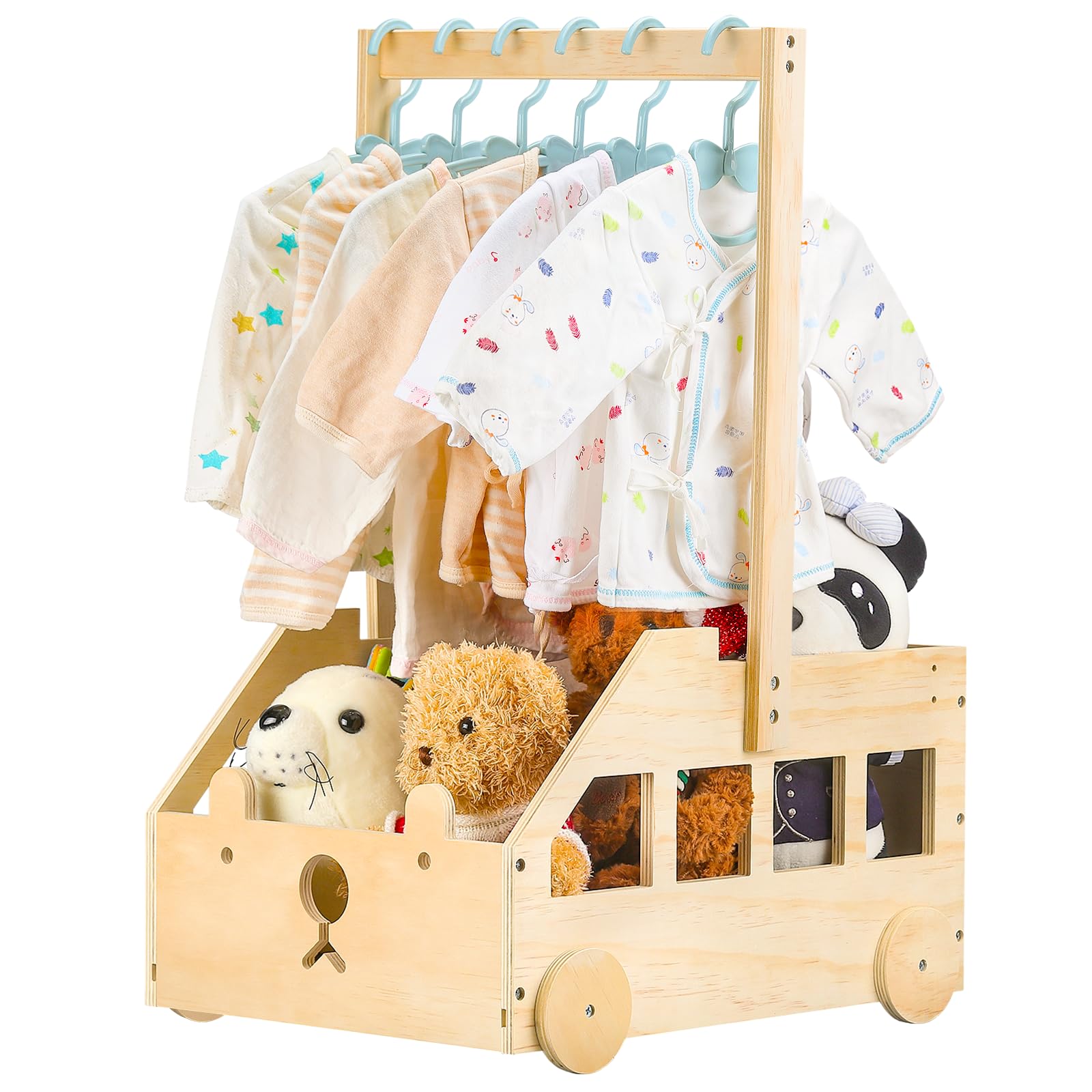 PineapplePapa customized wooden baby crate closet demonstrates organized outfits and toys for a tidy nursery.