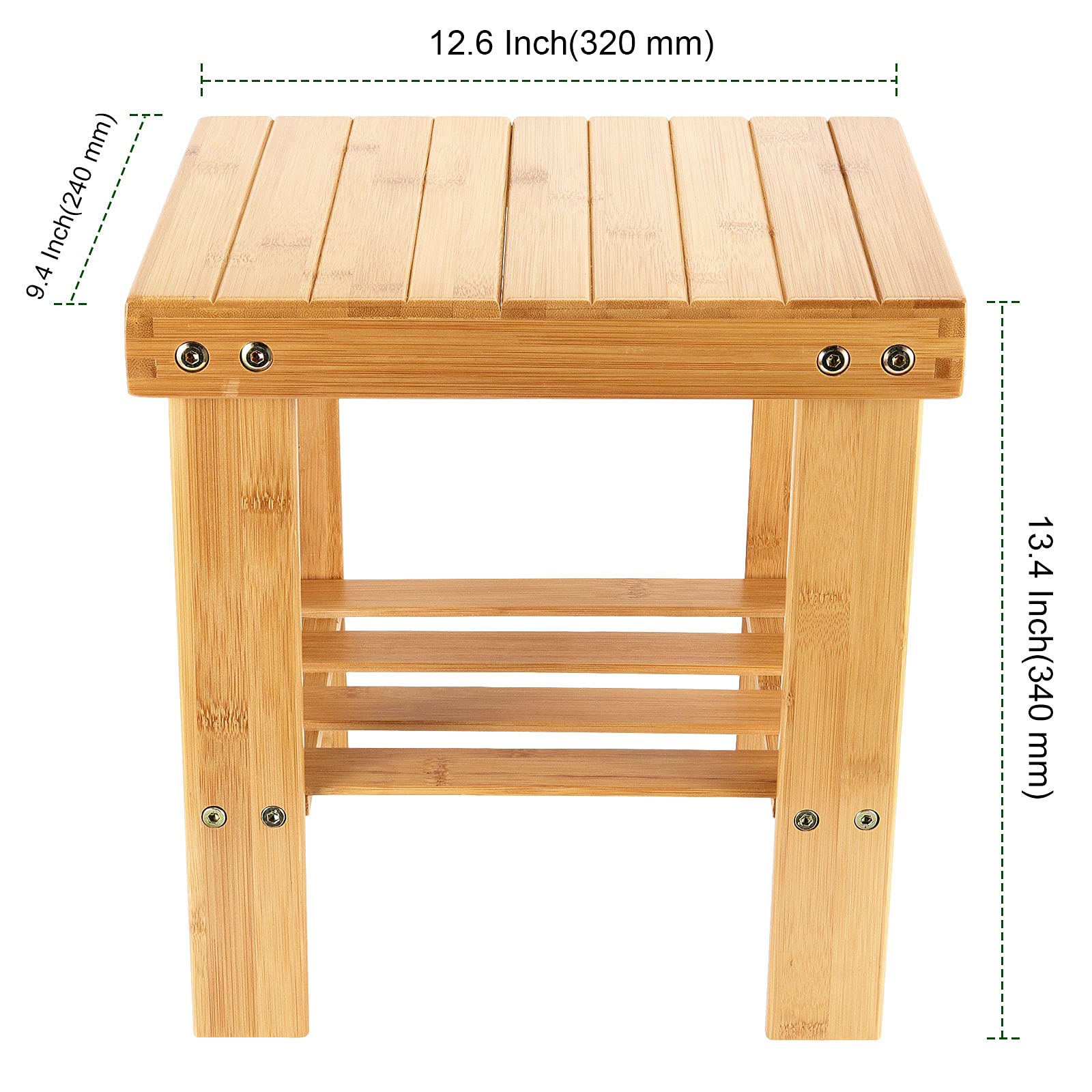 PINGEUI bamboo stool storage shelf detail highlights extra space for toiletries or kitchen tools