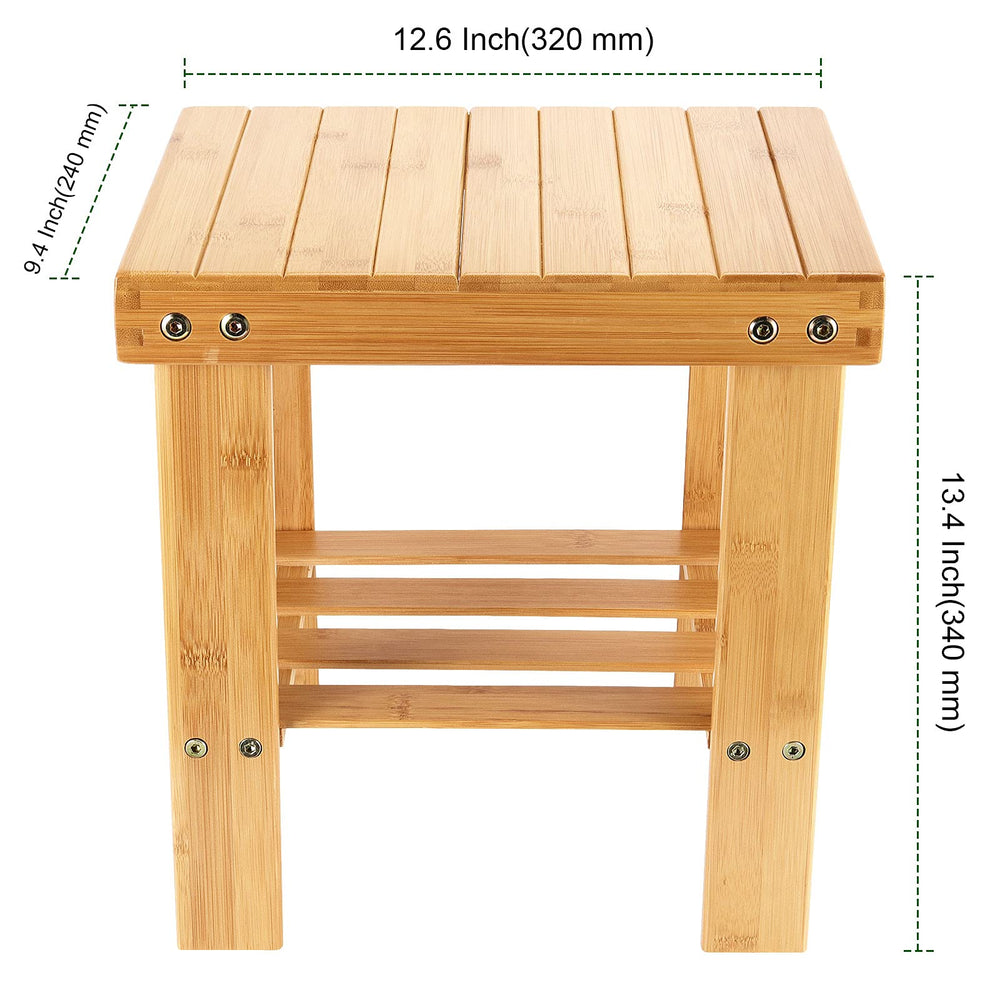 PINGEUI bamboo stool storage shelf detail highlights extra space for toiletries or kitchen tools