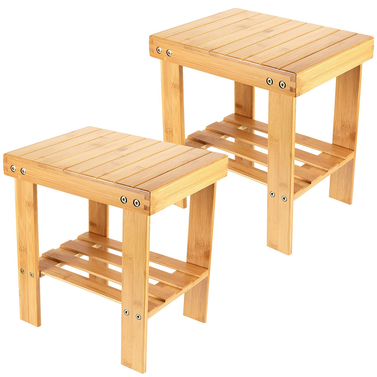 PINGEUI bamboo step stool two-pack, side view showing compact design for easy stair-use and storage