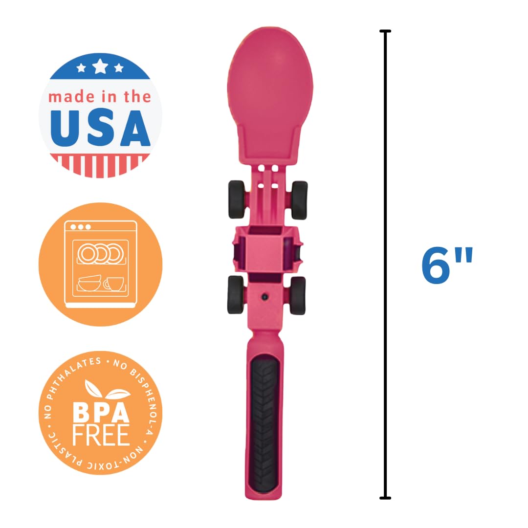 Pink construction design adds a friendly, engaging look that boosts mealtime confidence.