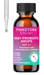 Pink Stork Baby Probiotic Drops bottle shows digestion-supporting probiotic for babies.