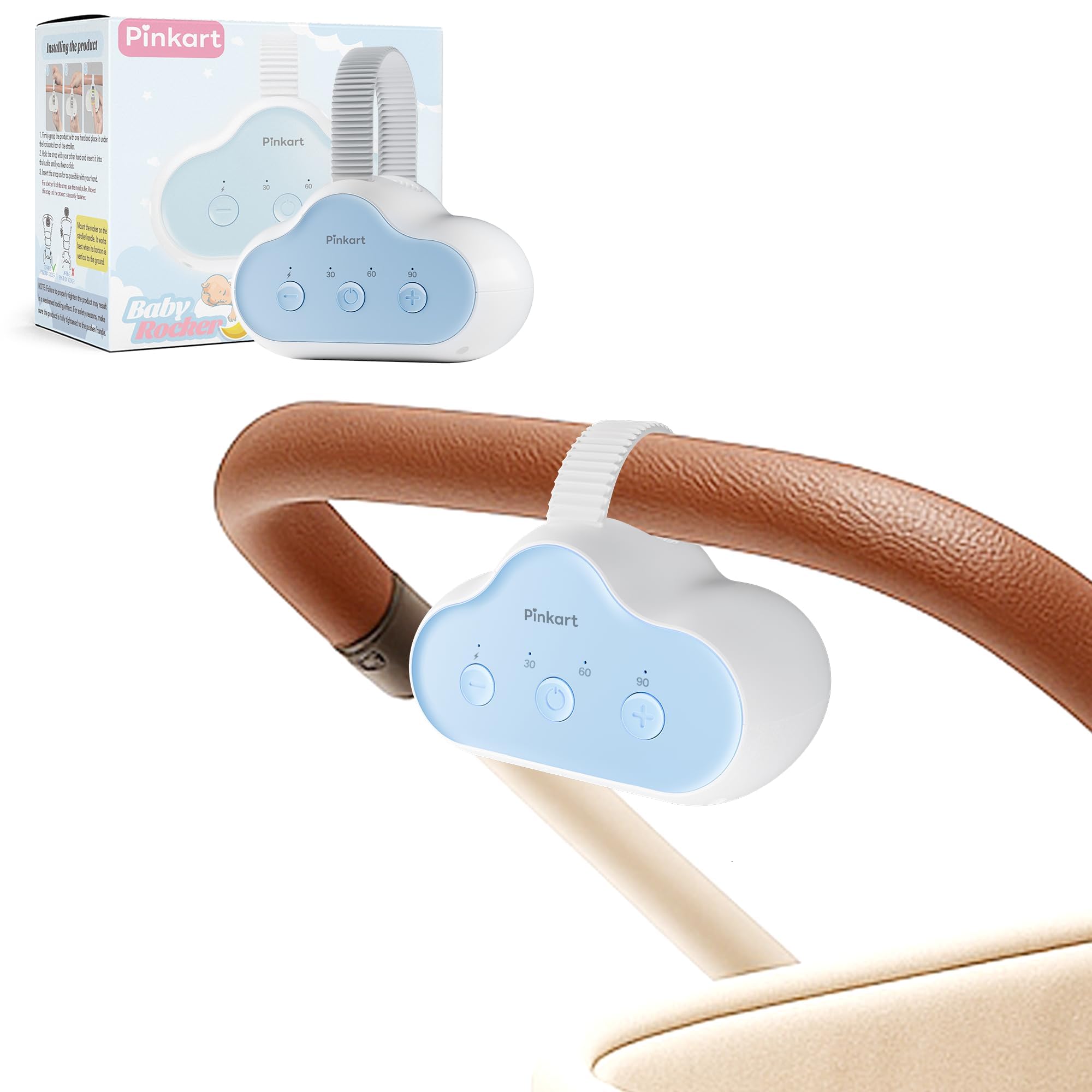 Pinkart Rechargeable Stroller Rocker attachment showing universal fit with multiple strollers.