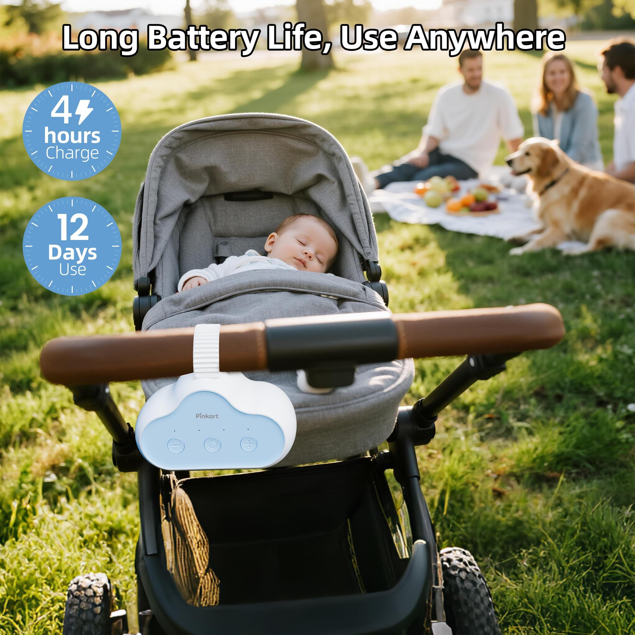 Pinkart Rechargeable Stroller Rocker battery life up to ten hours per charge for daily use.