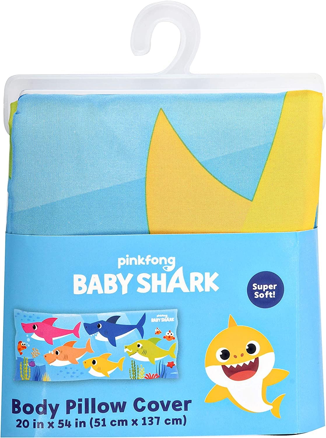 Pinkfong Baby Shark back design enhances playful bedtime decor and cozy pillow moments.