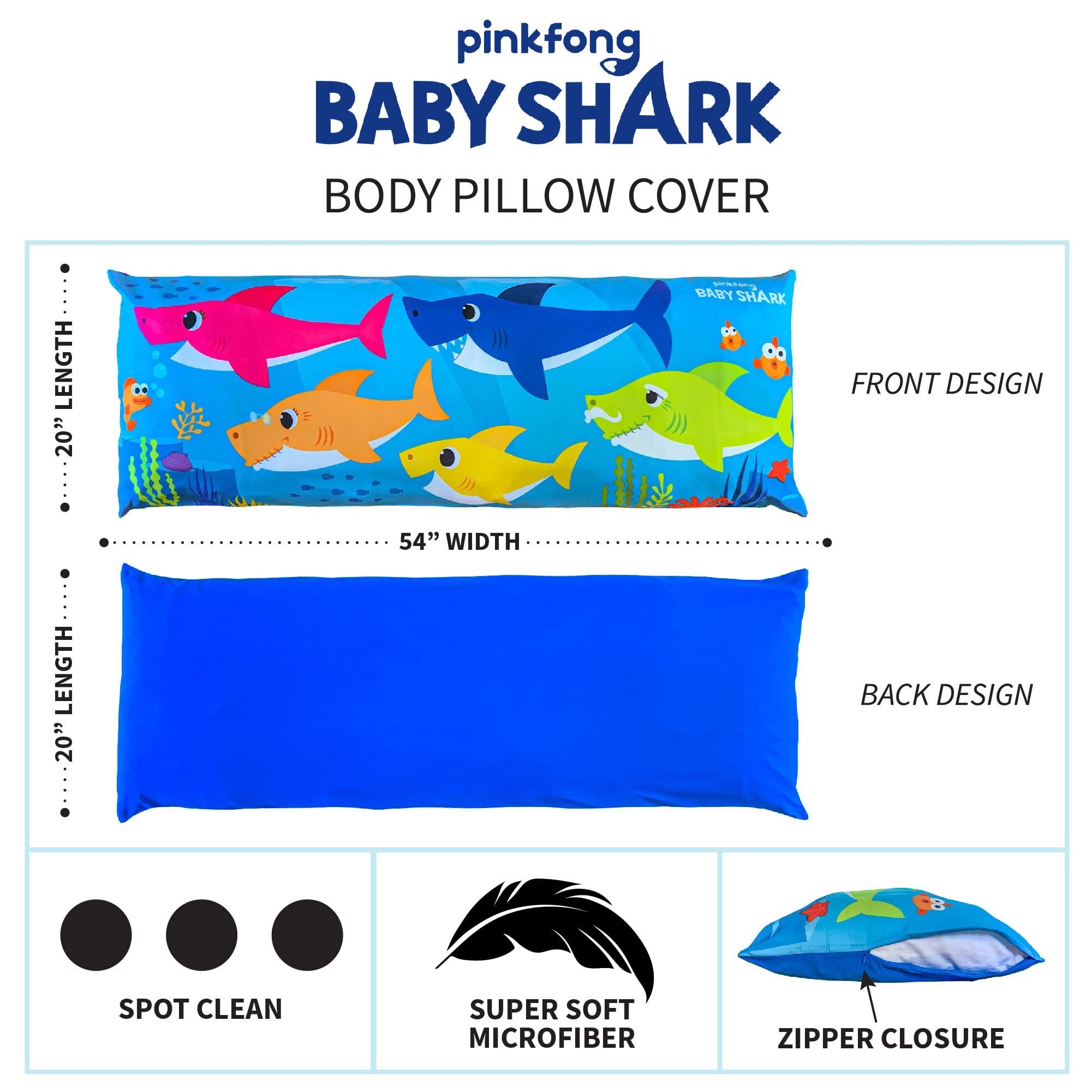 Pinkfong Baby Shark zip closure ensures secure removal and easy washing after busy playtime.