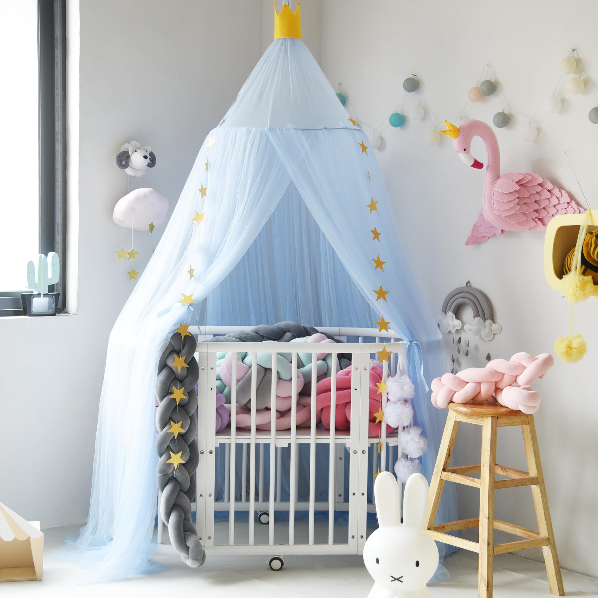 Pinkrin crib canopy with easy-install design simplifies setup.