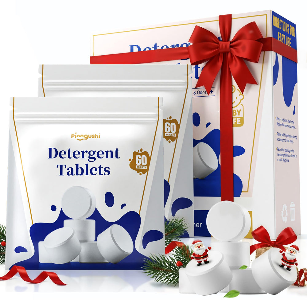 Pinngushi detergent tablets packaging shows 120-count refill for baby bottles