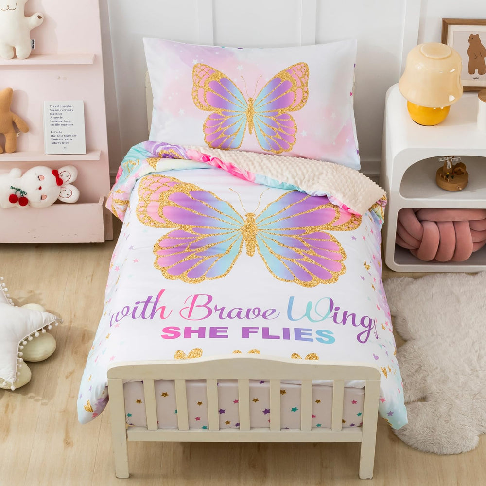 PINNKKU bedding set butterfly design close-up shows reversible comforter warmth