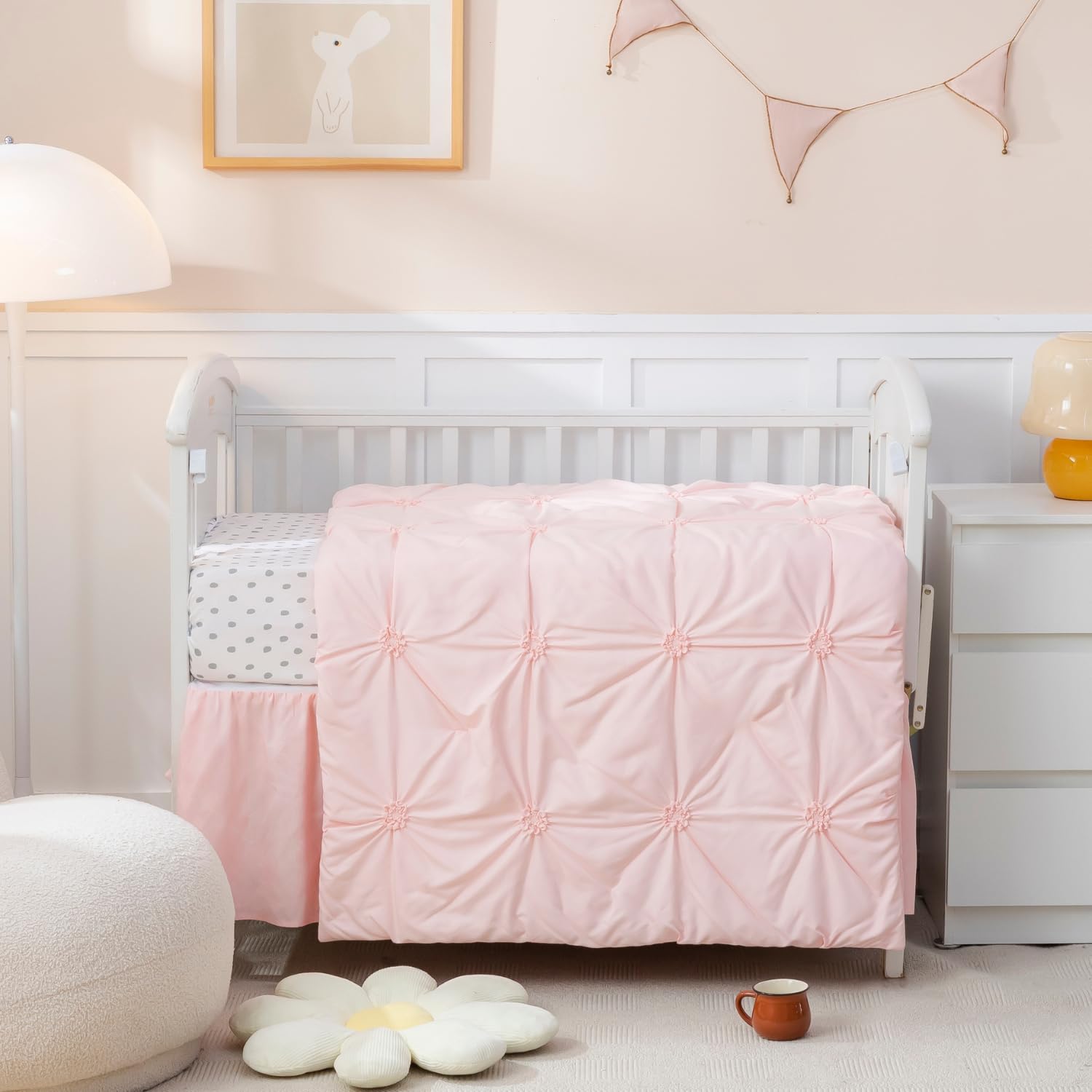 PINNKKU 3pc crib bedding set in pink with pinch-pleat detailing for elegant nursery decor