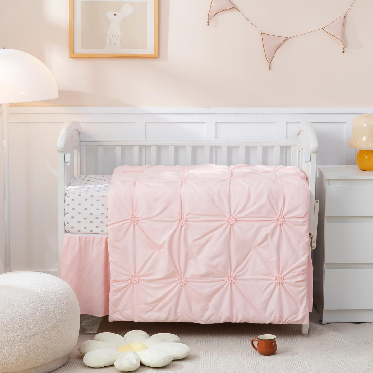 PINNKKU 3pc crib bedding set in pink with pinch-pleat detailing for elegant nursery decor