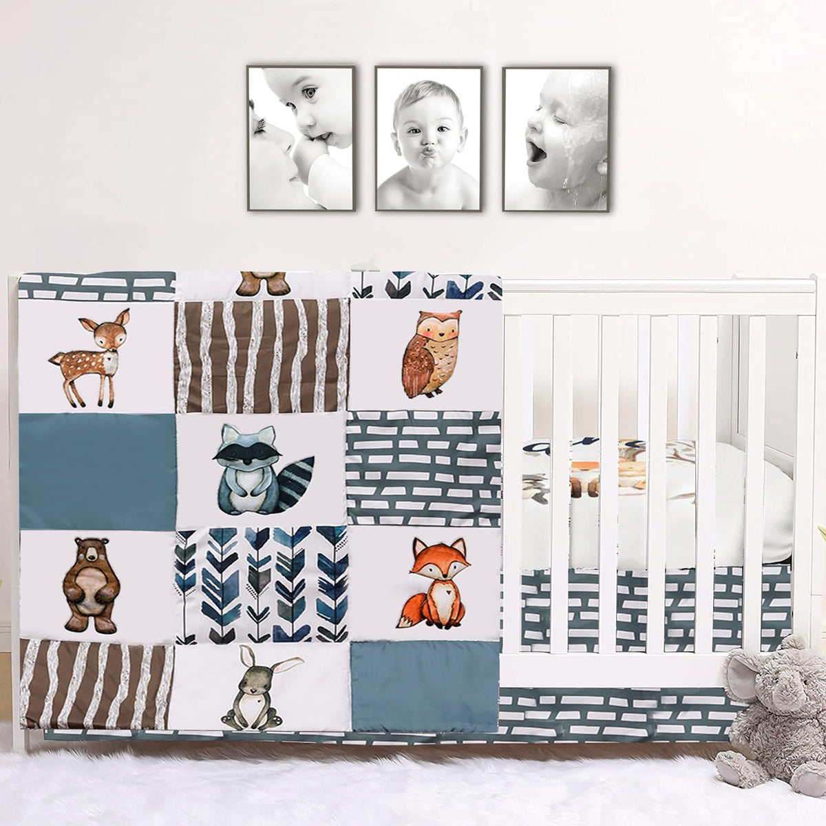 Pinnkku crib bedding set woodland quilt close-up showing soft texture for cozy naps