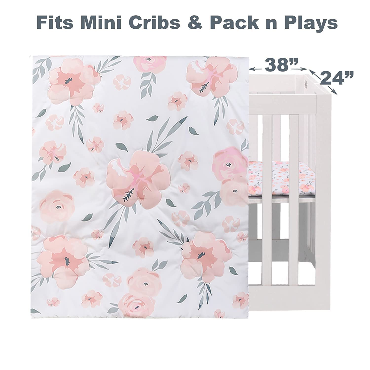 PINNKKU mini crib skirt dust-ruffle view emphasizing 10-inch drop for tidy nursery aesthetics