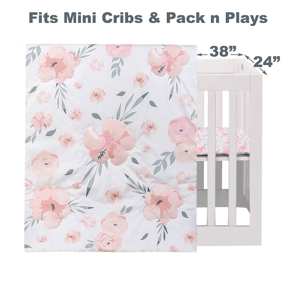 PINNKKU mini crib skirt dust-ruffle view emphasizing 10-inch drop for tidy nursery aesthetics