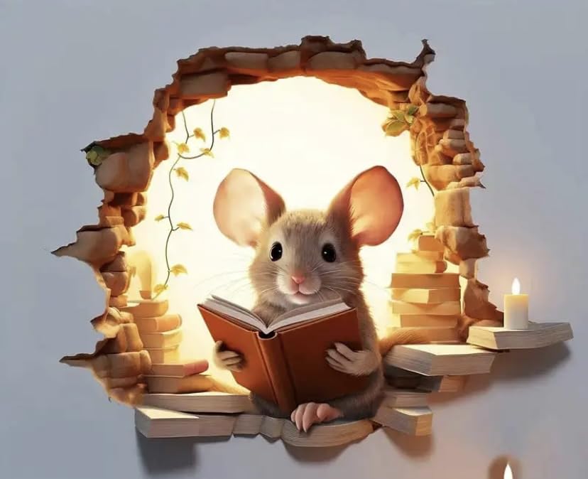 Pinsphere mouse reading hole in wall decal, a 3in tall wall sticker that adds a cozy reading glow