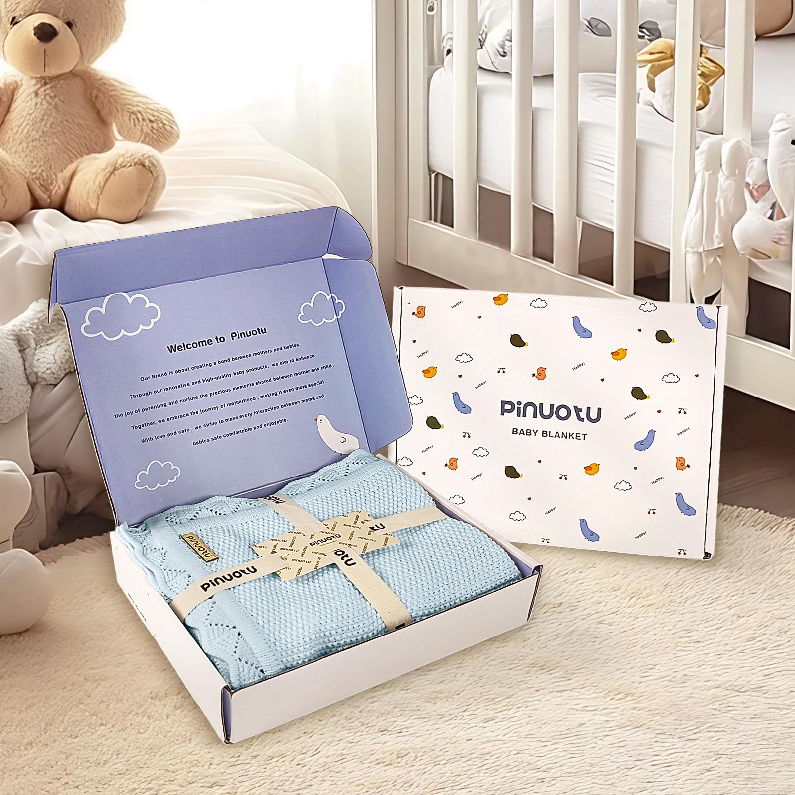 Pinuotu knitted baby blanket blue easy-care machine wash durability.