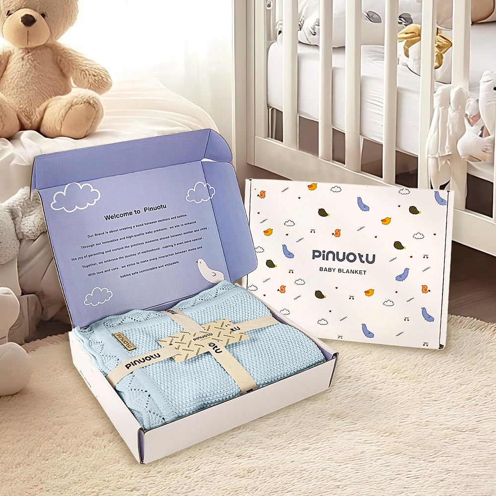Pinuotu knitted baby blanket blue easy-care machine wash durability.