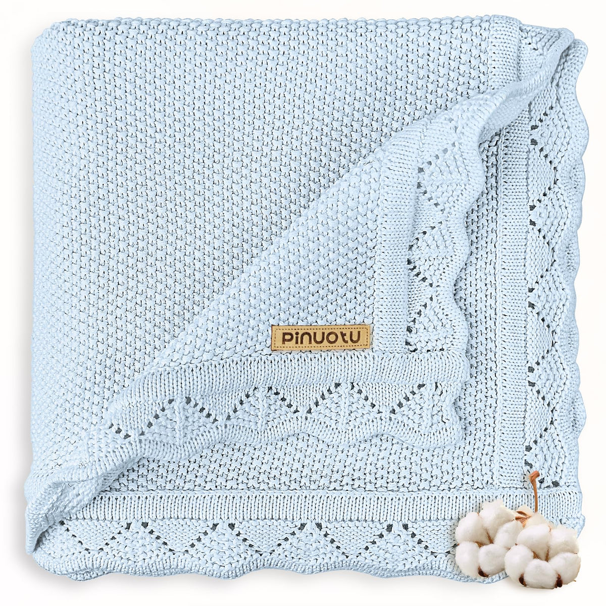 Pinuotu knitted baby blanket blue ultra-soft texture for gentle newborn comfort.
