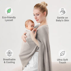 Pinuotu nursing cover on model in public illustrates discreet breastfeeding in varied settings.