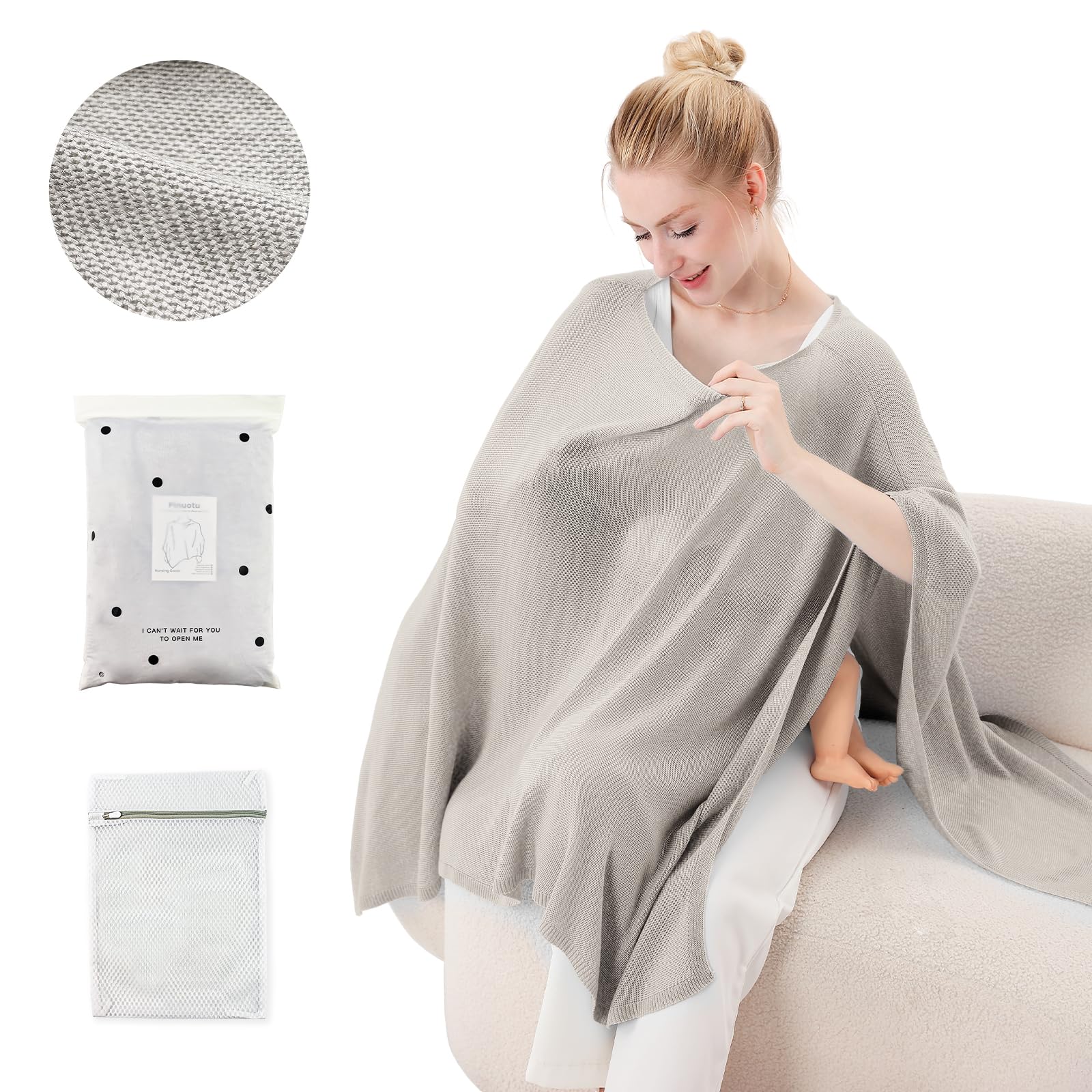 Pinuotu nursing cover worn demonstrates 360° privacy coverage during public nursing.