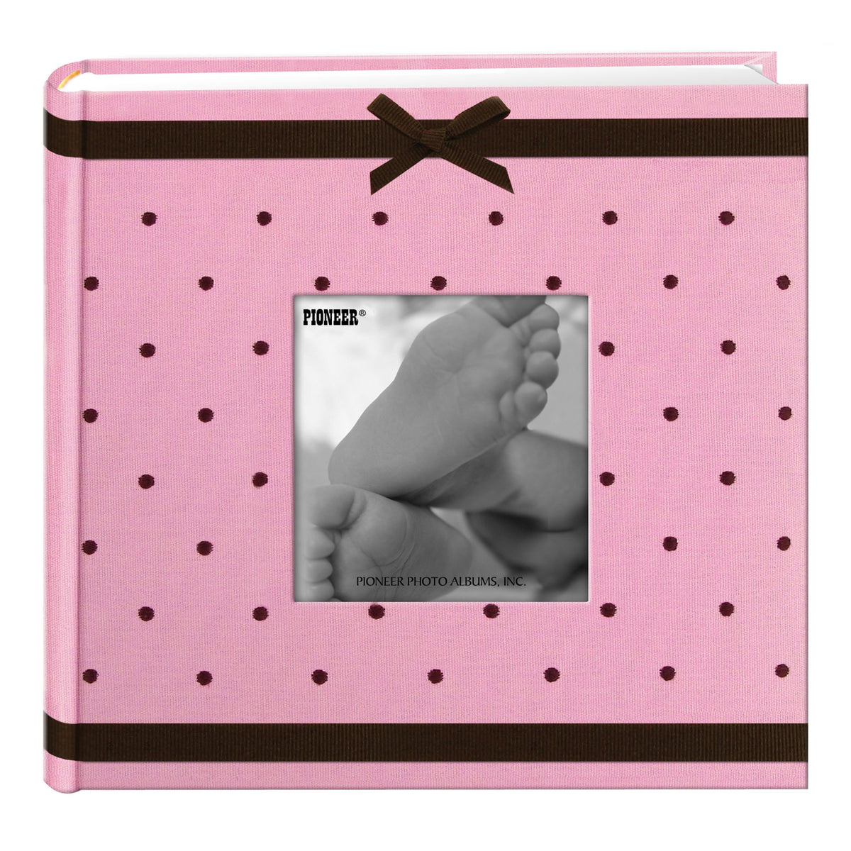 Pioneer Baby Dot fabric frame cover showcases pink-brown charm for lasting keepsake memories.