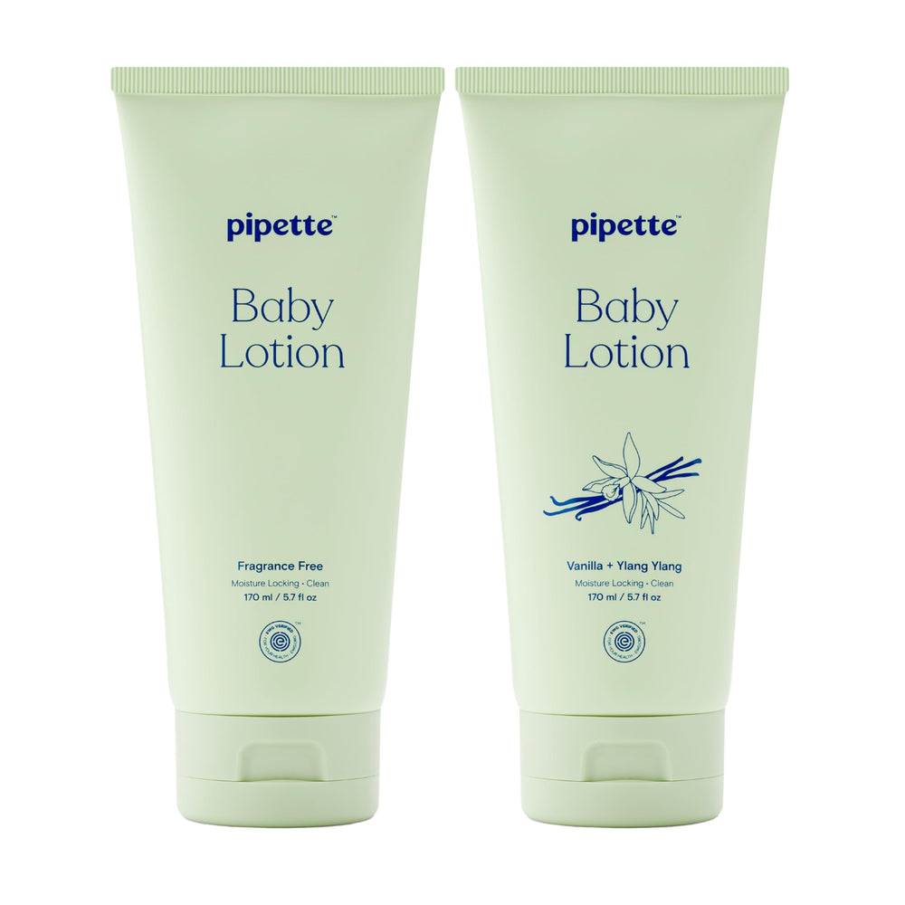 Pipette Baby Lotion Discovery Duo fragrance-free bottle provides gentle hydration for sensitive newborn skin.