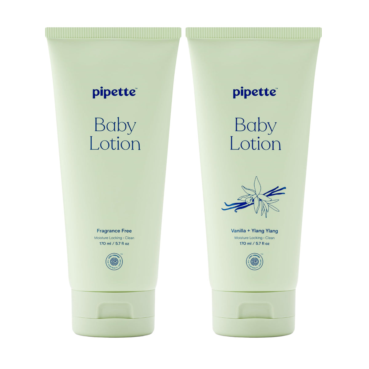 Pipette Baby Lotion Discovery Duo fragrance-free bottle provides gentle hydration for sensitive newborn skin.