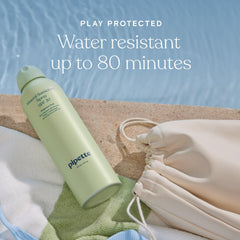 Pipette Baby Mineral Sunscreen Spray application closeup demonstrates quick, even coverage.