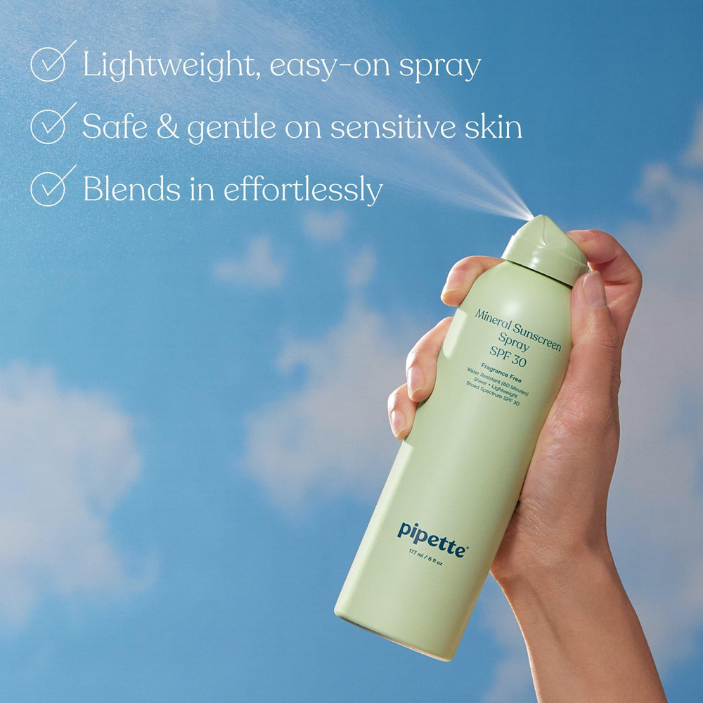 Pipette Baby Mineral Sunscreen Spray on skin shows lightweight, non-greasy feel.