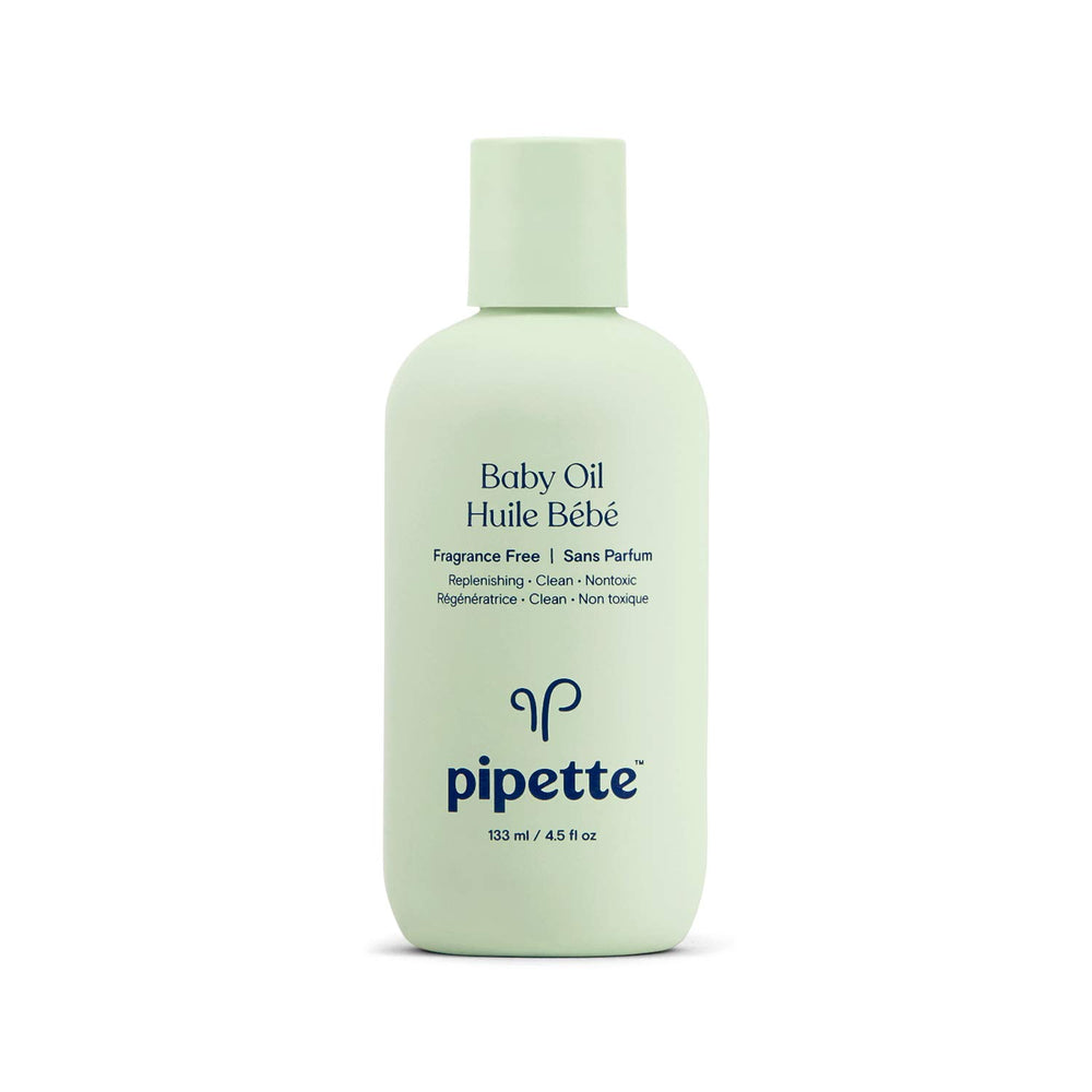 Pipette Baby Oil bottle shows fragrance-free, gentle hydration for delicate skin.