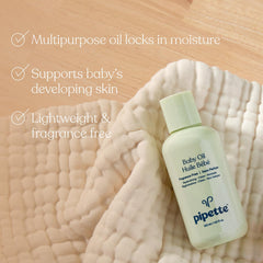 Squalane from Pipette Baby Oil bottle highlights renewable sugarcane origin.