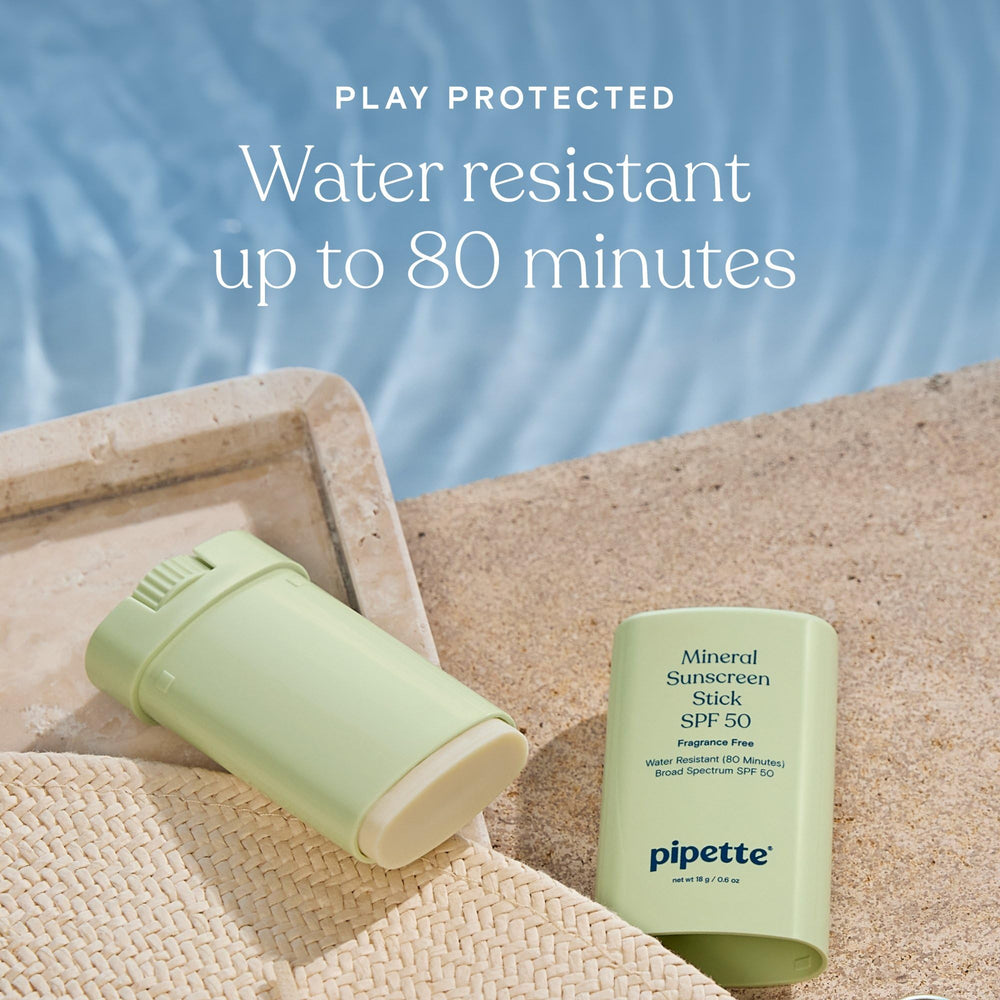 Pipette baby sunscreen stick applied on the face with easy glide and sheer finish.