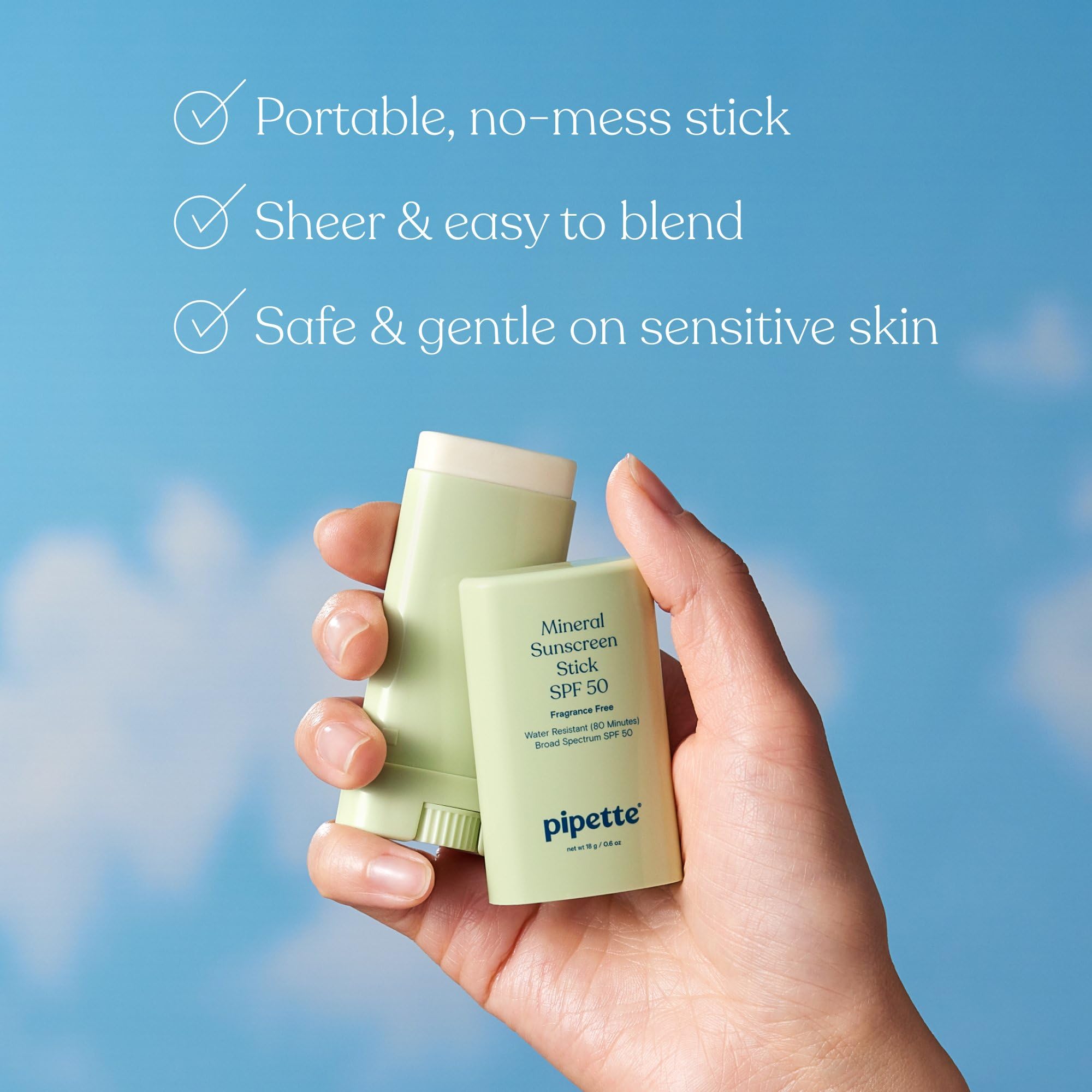 Pipette baby sunscreen stick packaging highlights travel-size 0.6 oz for on-the-go sun care.