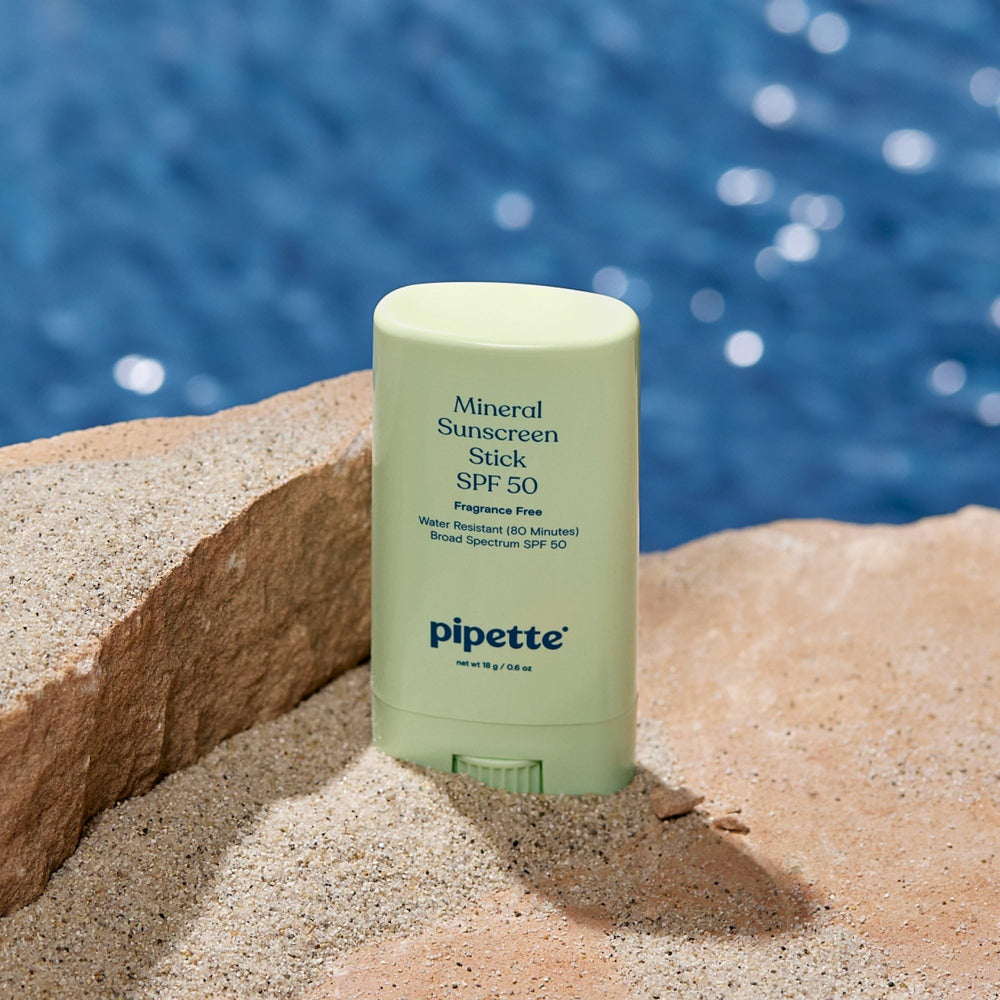 Pipette mineral sunscreen stick texture swatch reveals smooth, non-greasy finish.