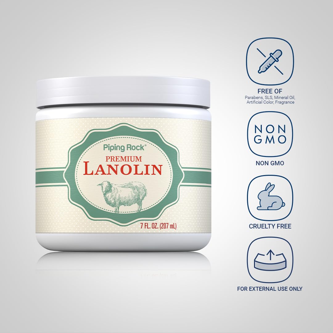 Piping Rock Lanolin Nipple Cream label closeup shows branding and ingredients