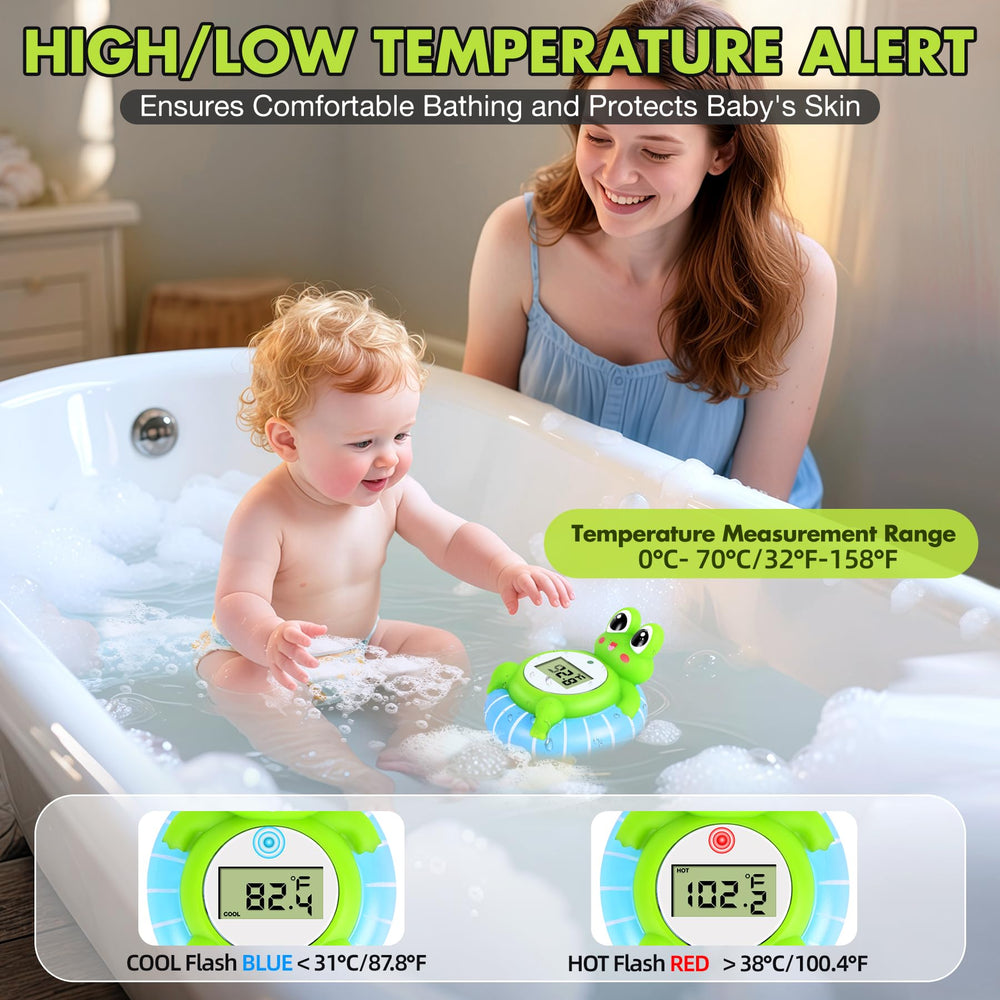 Pircaath bath thermometer shows blue and red temperature alarms for safety.