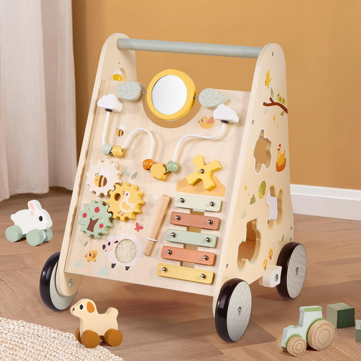 Pithfor wooden baby push walker frame supports first steps with steady balance