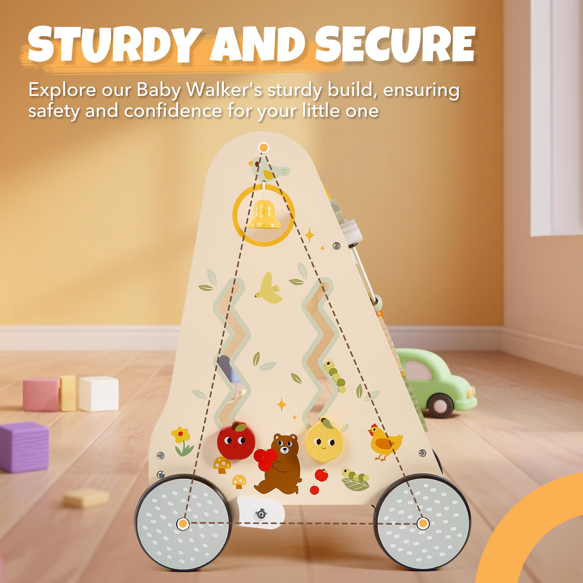 Pithfor wooden push walker acts as a versatile Montessori activity center