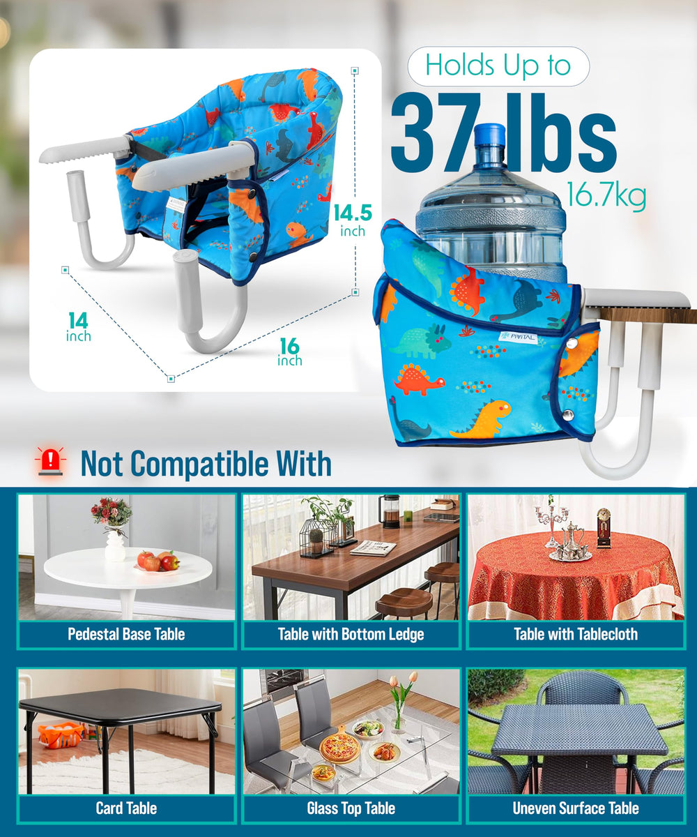 Pivvital hook-on high chair blue clamps secure to table edge