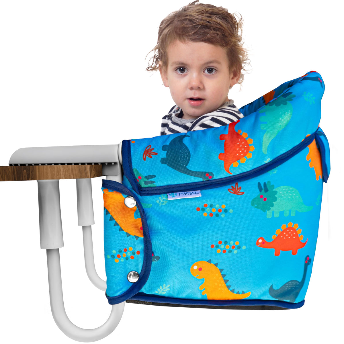 Pivvital portable hook-on high chair blue attached to table for family dining
