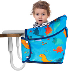 Pivvital portable hook-on high chair blue attached to table for family dining
