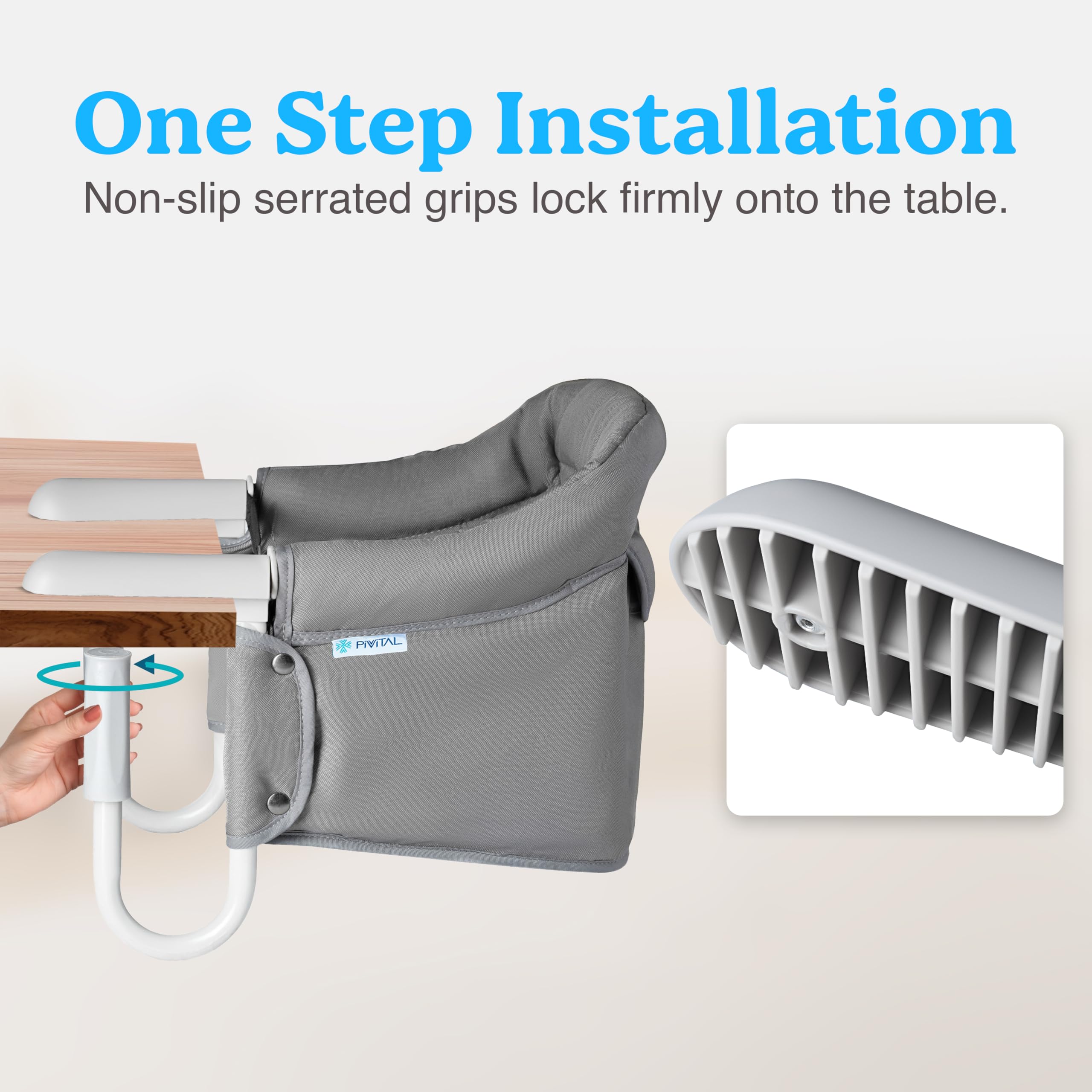 Pivvital removable washable seat cover makes cleanup easy after meals.