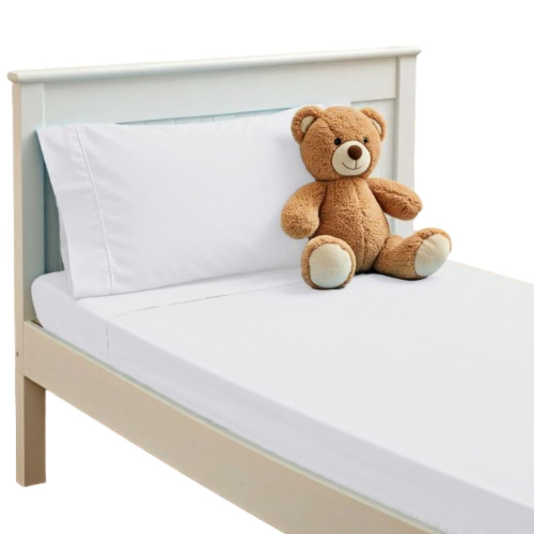 Plain Printed Linen toddler sheet set packaging shows all pieces for quick transition to a new bed.