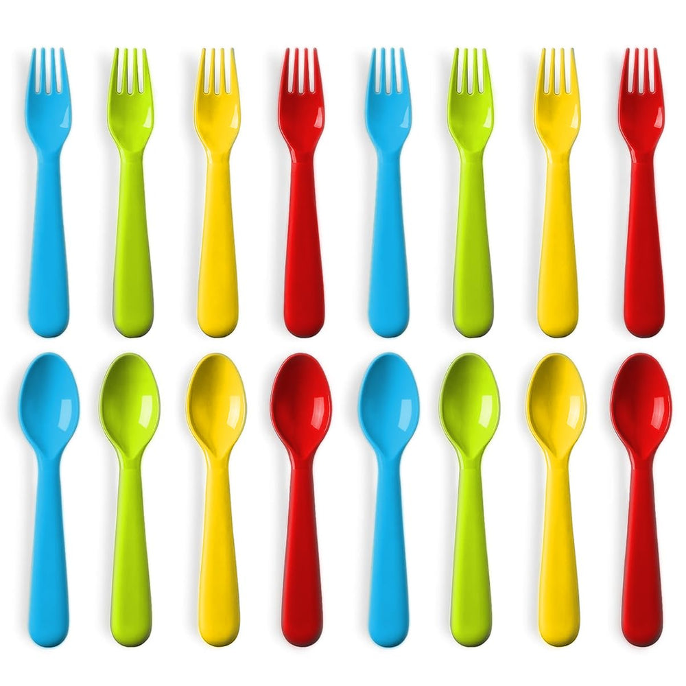 Plaskidy 16pc toddler utensils set pack with bright colors for independent meals.