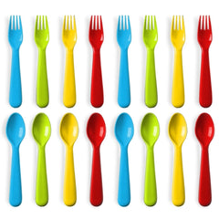 Plaskidy 16pc toddler utensils set pack with bright colors for independent meals.