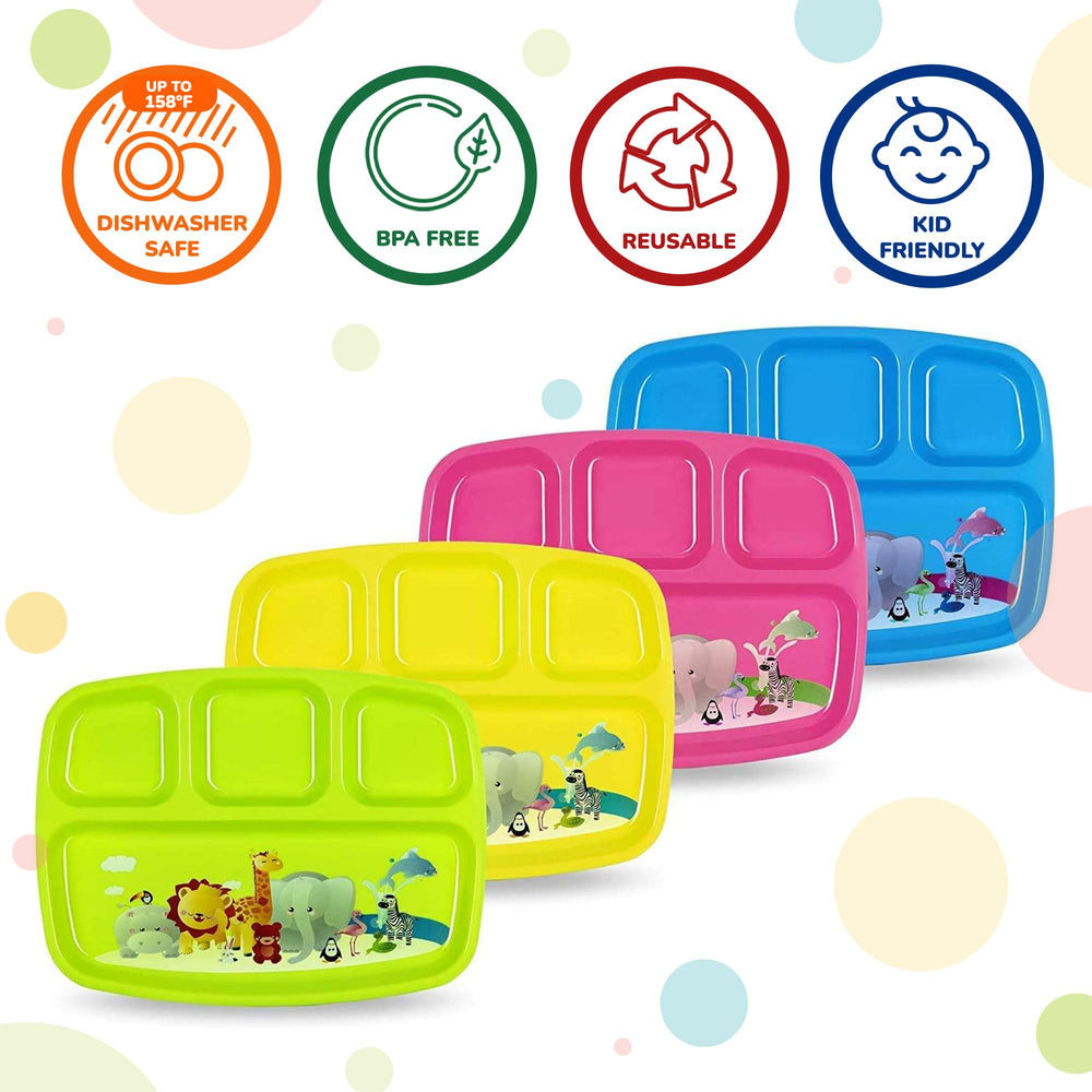 PLASKIDY divided kids plates showing four compartments to prevent mixing foods.