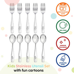 PLASKIDY dishwasher safe kid flatware shown in a bright lunchbox setup.